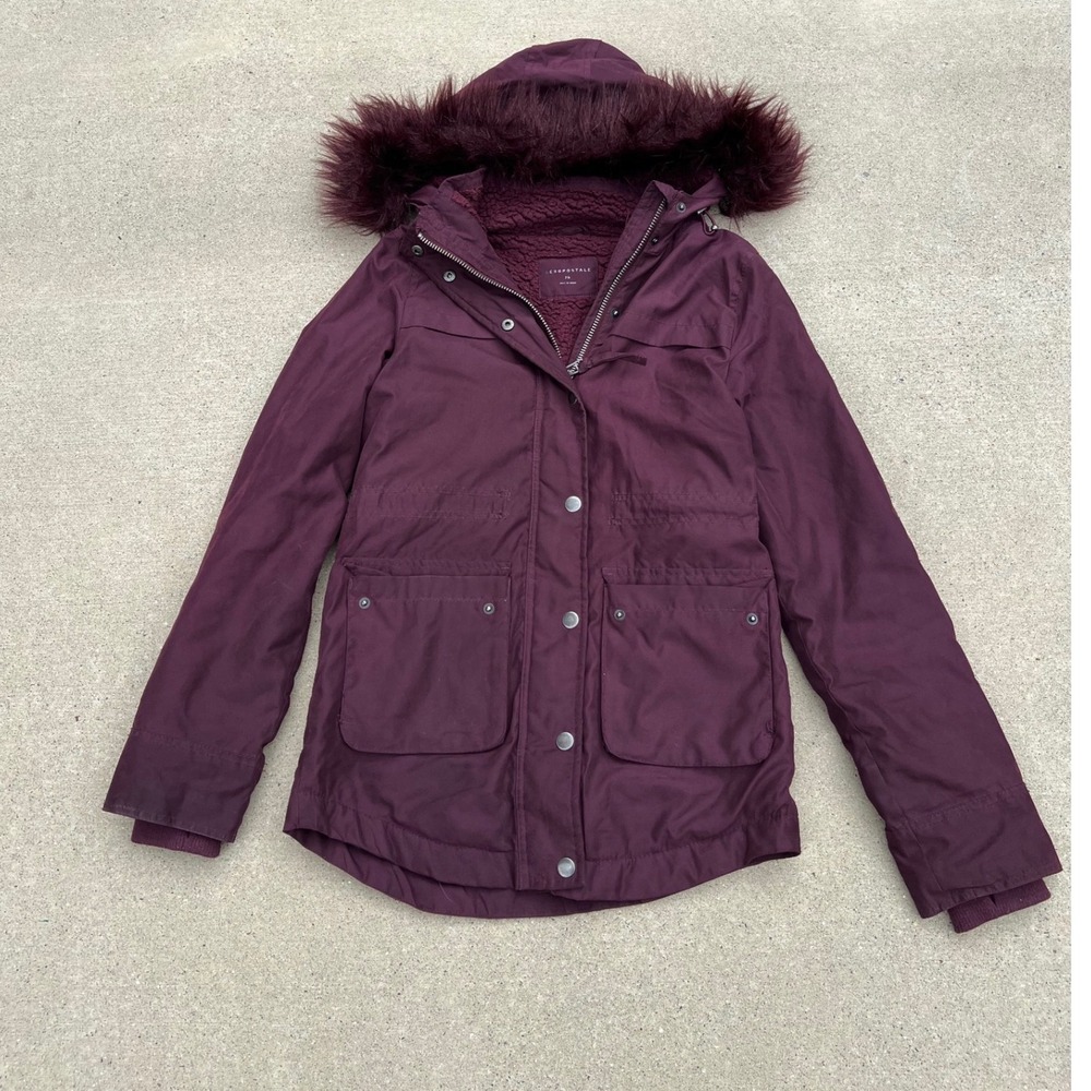 Aeropostale Parka Jacket Womens XS Burgundy Sherpa Lined Faux Fur Hood Utility
